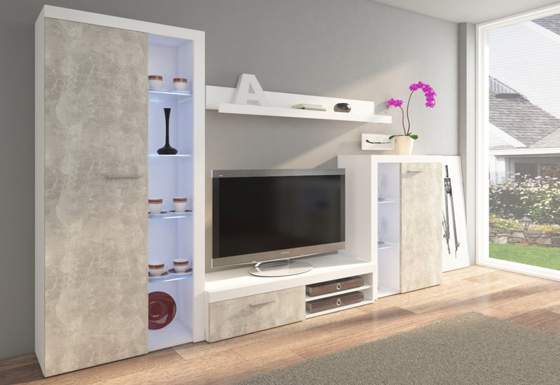 Obývacia stena KLOK, 270x190x40, biela / betón - - 0