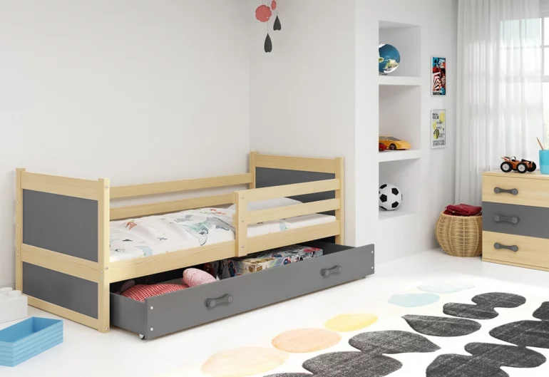 Detská posteľ FIONA P1 COLOR + ÚP + matrace + rošt ZDARMA, 80x190 cm, borovica/grafit