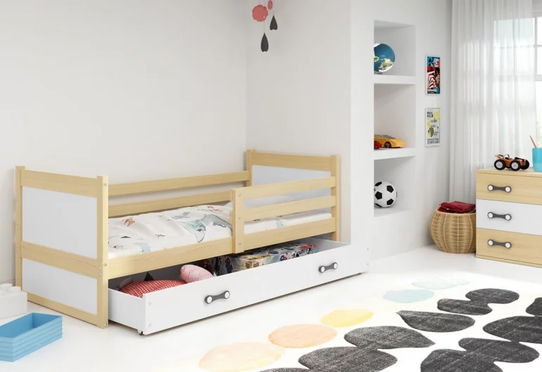 Detská posteľ FIONA P1 COLOR + ÚP + matrace + rošt ZDARMA, 90x200 cm, borovica/biela