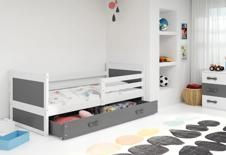 Detská posteľ FIONA P1 COLOR + ÚP + matrace + rošt ZDARMA, 90x200 cm, biela/grafit