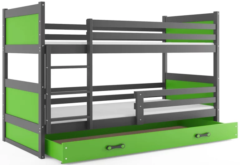 Poschodová posteľ FIONA 2 COLOR + úložný priestor + matrace + rošt ZDARMA, 80x190 cm, grafit/zelená
