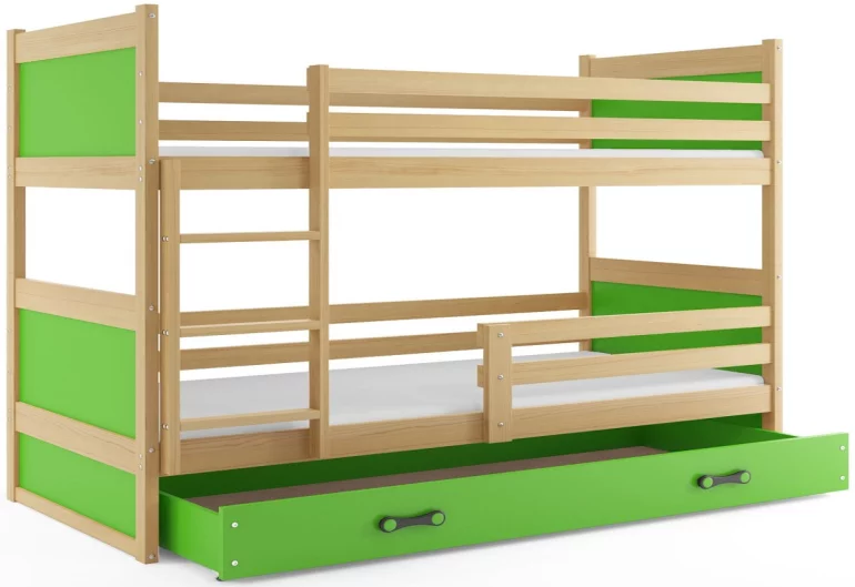 Poschodová posteľ FIONA 2 COLOR + úložný priestor + matrace + rošt ZDARMA, 90x200 cm, borovica/zelená
