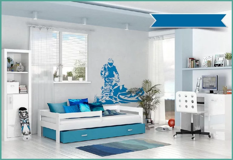 Detská posteľ HARRY P1 COLOR s farebnou zásuvkou + matrac, 80x160 cm, biely/modrý