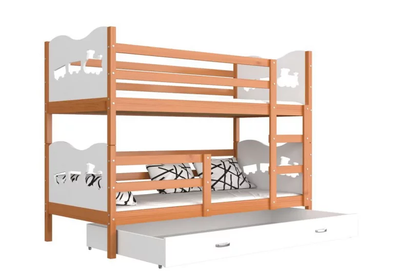 Detská poschodová posteľ FOX MASÍV 2 + úložný priestor + matrac + rošt ZADARMO