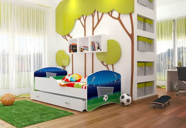 Detská posteľ s potlačou FRAGA P1 + úložný priestor + matrac + rošt ZADARMO