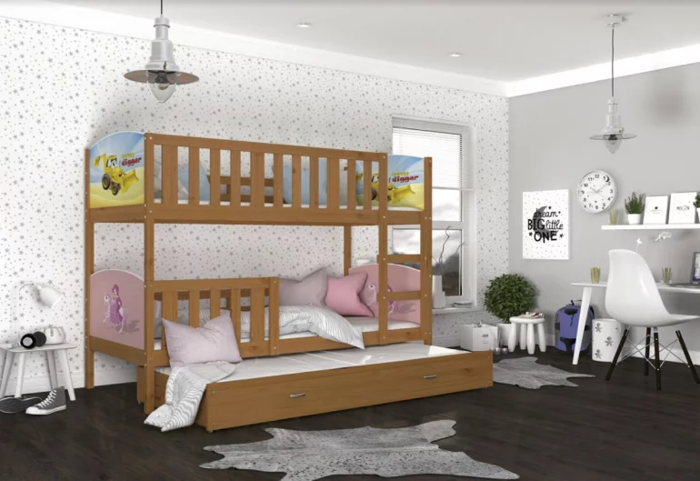 Detská poschodová posteľ DOBBY 3 s potlačou + matrac + rošt