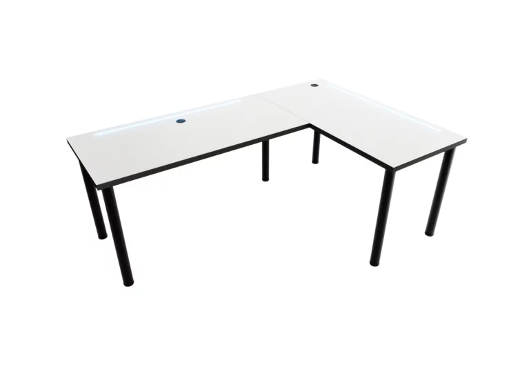 Počítačový rohový stôl LOOK N s LED, 200/135x73-76x65, biela/čierne nohy, pravý