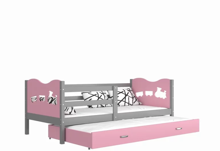 Dětská postel FOX P2 color + matrace + rošt ZDARMA, 184x80, šedá/srdce/růžová