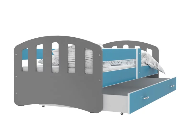 Dětská postel ŠTÍSTKO barevná + matrace + rošt ZDARMA, 140x80, šedá/modrá