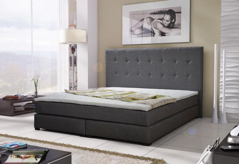 Čalúnená posteľ LOUS + matrac + rošt, 140x200 cm, šedá