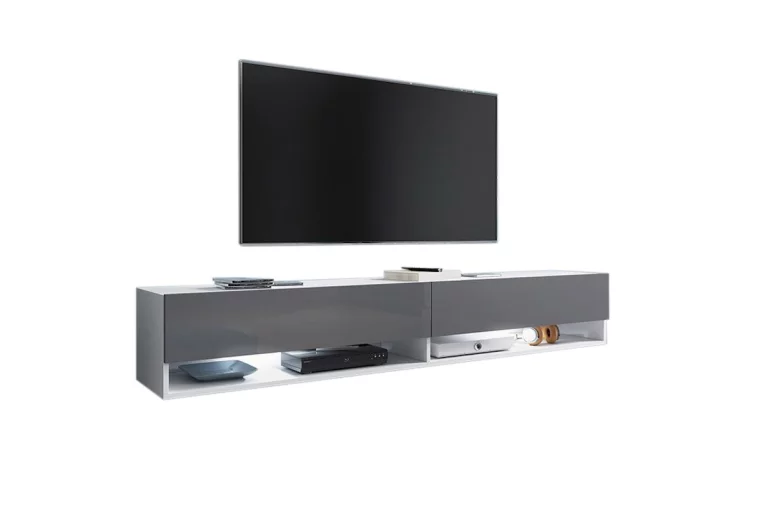 TV stolík MENDES A 180, 180x30x32, biela/sivá lesk, bez LED osvetlenia