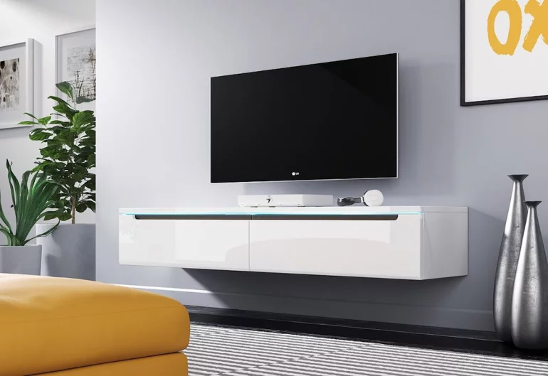 TV stolík MENDES DES I 140, 140x24x33, biela/biela lesk, bez LED osvetlenia