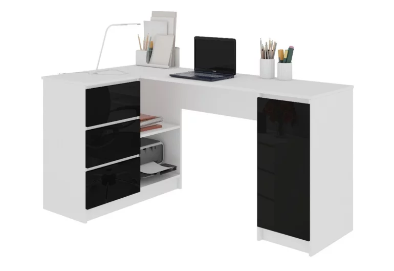 Písací stôl KORDA B20, 155x77x85/48,5, biela/čierna lesk, ľavá